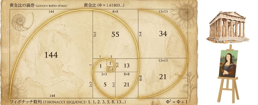 黄金比の渦巻（ゴールデンスパイラル）と、その応用例であるパルテノン神殿、モナ・リザのイラスト。数字の美しさとデザインの調和を表現した図解。