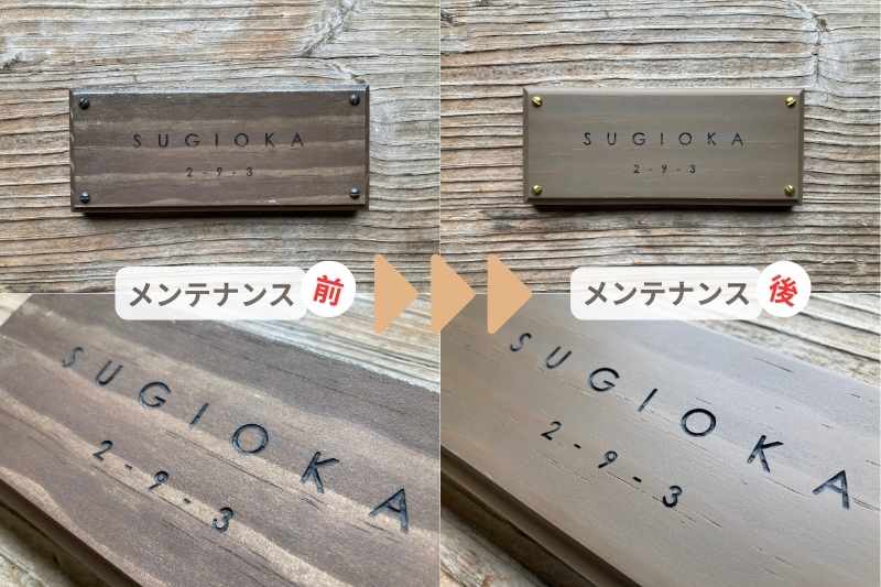 木の表札「SUGIOKA」のアコヤ材メンテナンス前後を比較した画像。左の経年変化したグレーの状態から、右の削り直しと再塗装で新品同様に蘇った状態への変化。Before・Afterの日本語と矢印の図解付き