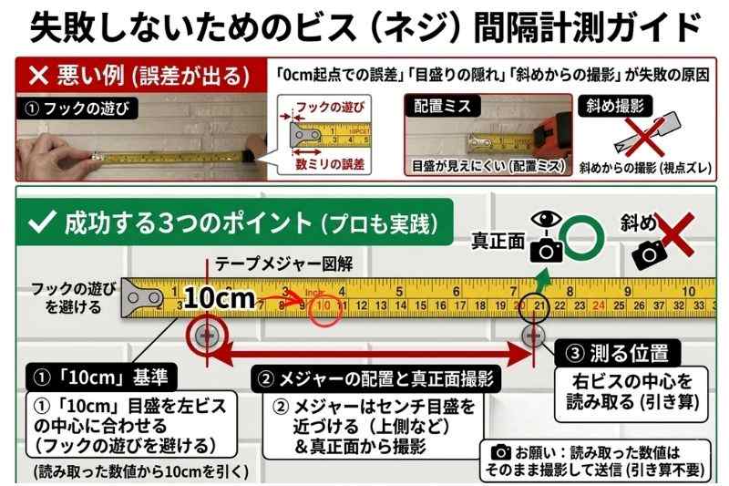 既存のビスを利用して表札を取り付けるための、ビス間隔計測ガイドのインフォグラフィック。上段に❌フックの遊びや斜め撮影などの失敗例、下段に✅「10cm基準」、真正面撮影、正確な測る位置などの成功ポイントが図解されており、読み取った数値そのままの写真を送るようお願いしている。