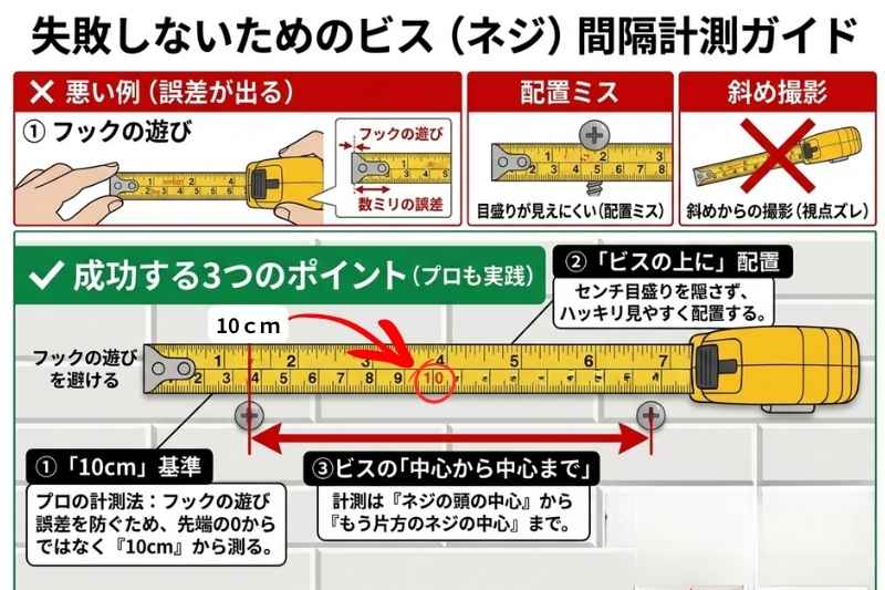 既存のビスを利用して表札を取り付けるための、ビス間隔計測ガイドのインフォグラフィック。上段に❌フックの遊びや斜め撮影などの失敗例、下段に✅「10cm基準」、真正面撮影、正確な測る位置などの成功ポイントが図解されており、読み取った数値そのままの写真を送るようお願いしている。