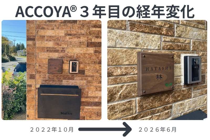 高耐久性天然木材アコヤ（ACCOYA®）を使用した木製表札の経年変化比較画像。左側の写真は設置当時の2022年10月で、レンガ調の外壁に濃い茶色の木製表札、ポスト、インターホンが並んでいる。右側の写真は設置から約3年が経過した2026年6月で、設置当時と比較して表札の防腐塗料の色味がわずかに薄くなっているが、木目や形状は美しく保たれている。
